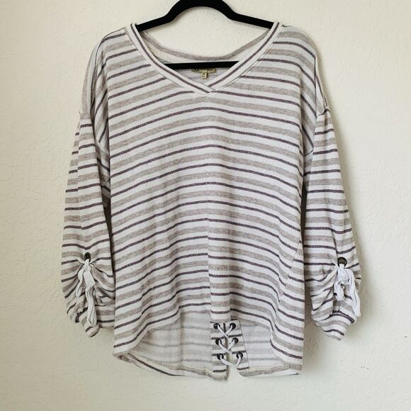 Democracy Top Women M Cream Brown Stripe Knit Lace Up Western Rodeo Cowgirl Boho - Picture 1 of 7